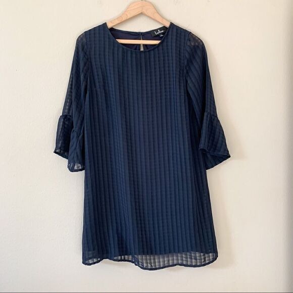 Lulu’s Better Than Ever Navy Blue Flounce Sleeve Shift Mini Dress - Picture 2 of 9
